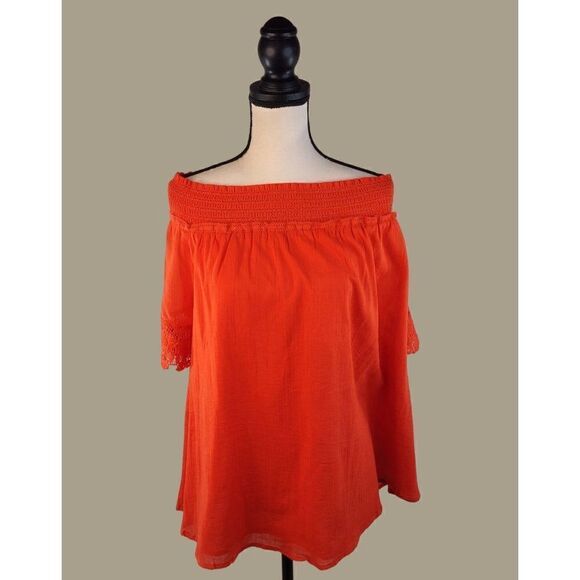 Lane Bryant Orange Crochet Lace Smocked Lined 100% Cotton Blouse Size 22/24 NWOT - Picture 1 of 14